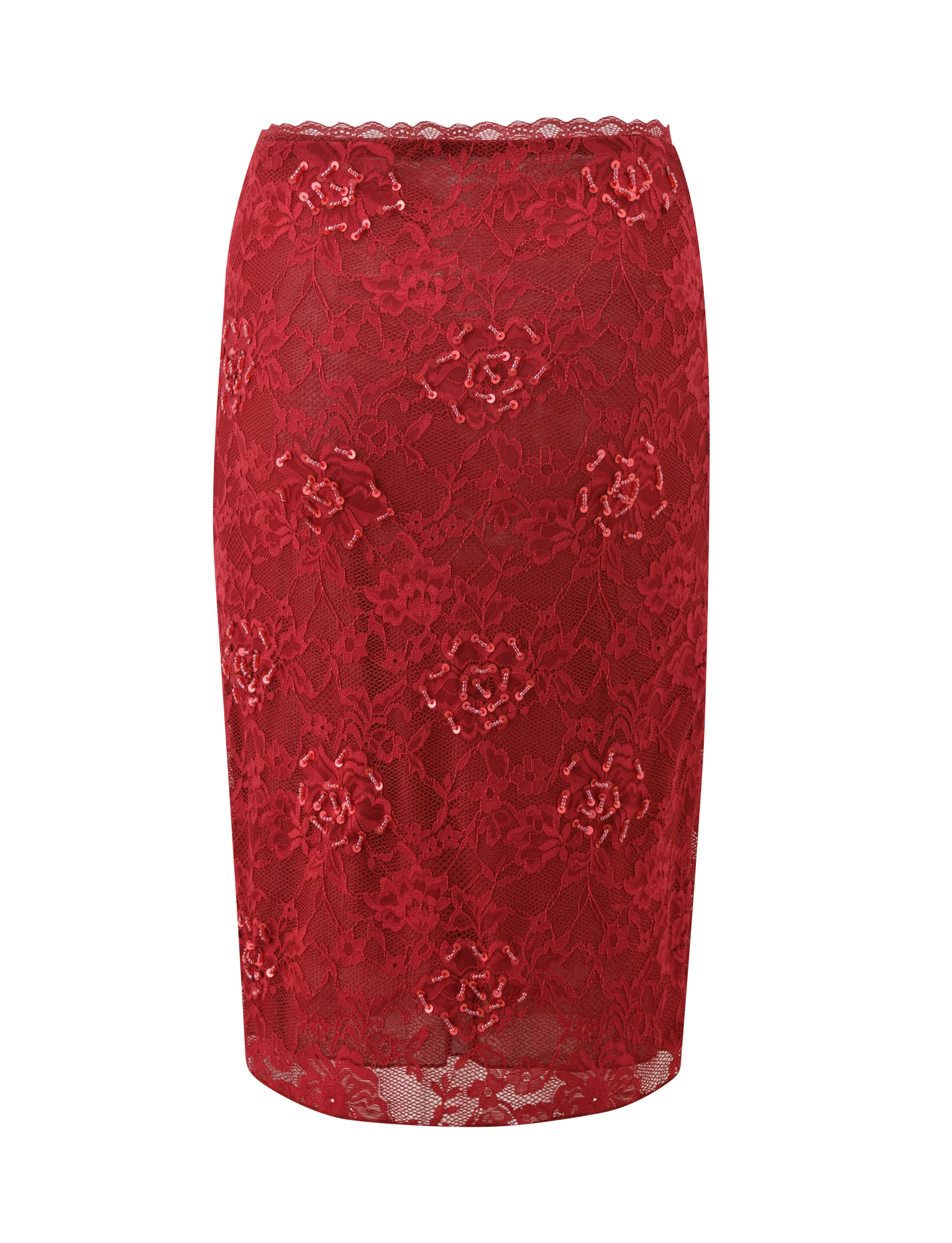 KIRRA BEADED SEQUIN LACE MIDI SKIRT - RED - Image 6